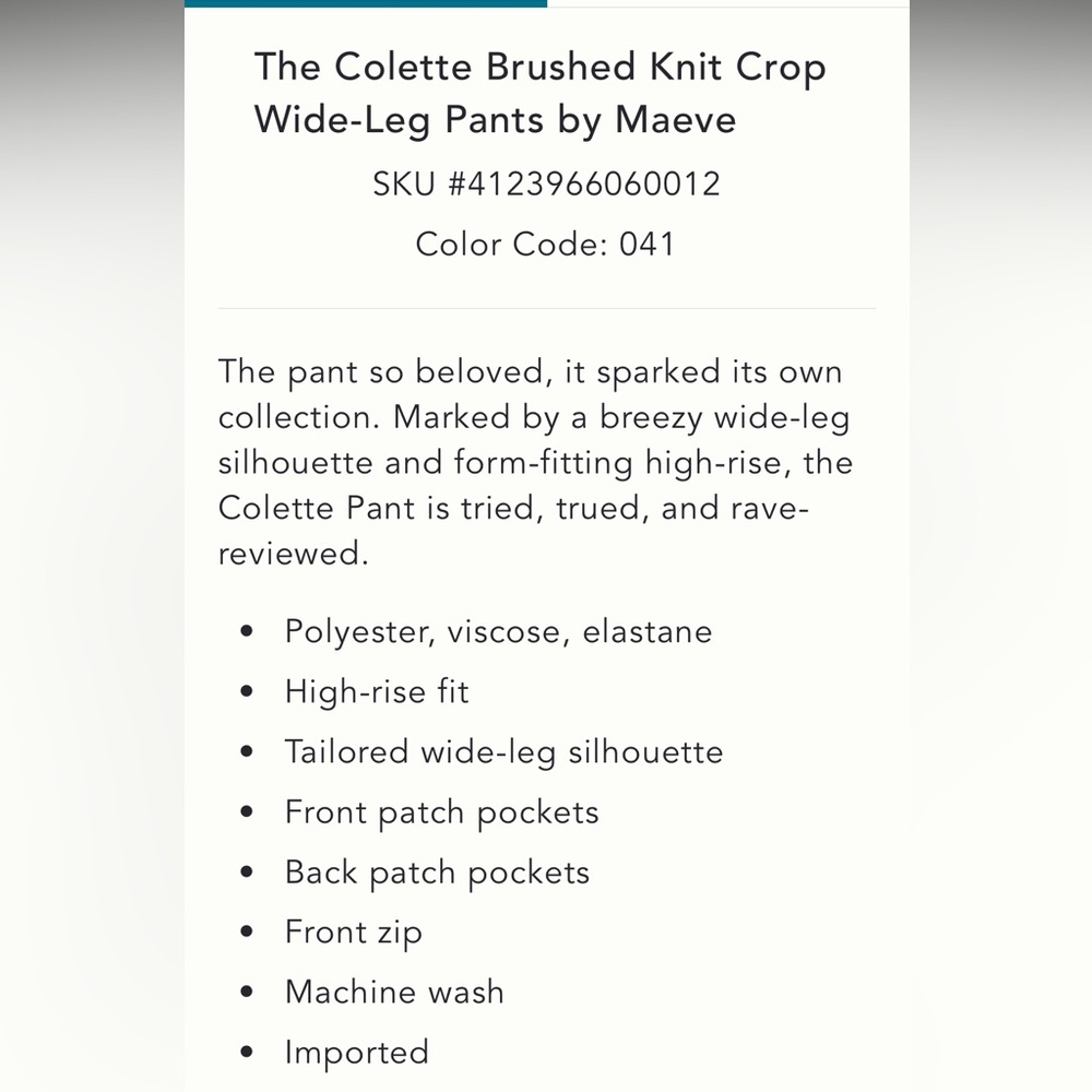 NWT The Colette Brushed Knit Crop
Wide-Leg Pants by Maeve - Picture 5 of 12
